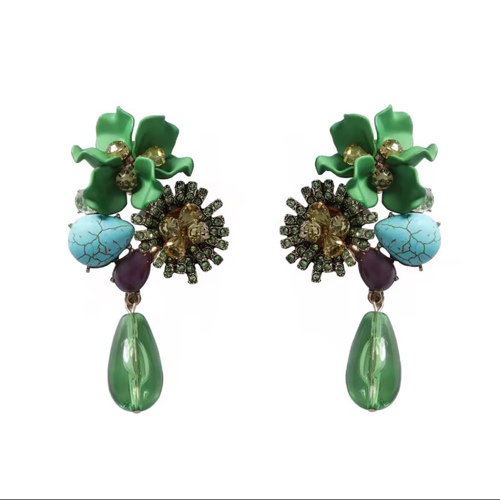 Zara Floral Green Gemstone Drop Earrings - Picture 4 of 5